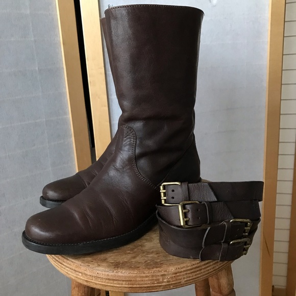 J. Crew size 7 moto boots brown leather cool and rugged buckle straps - Picture 10 of 13